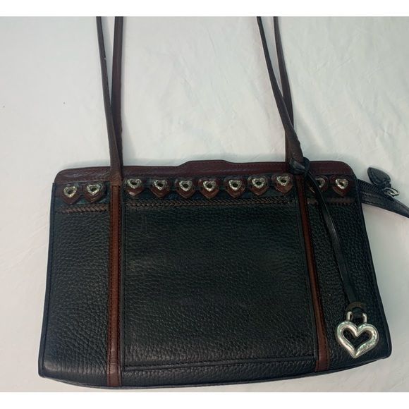 Brighton Paris Black Jagger Leather Vintage Peek a Boo Shoulder Purse Heart Trim - Picture 15 of 15